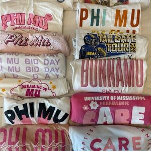 Phi Mu sorority t-shirts, pillow, and tote bag